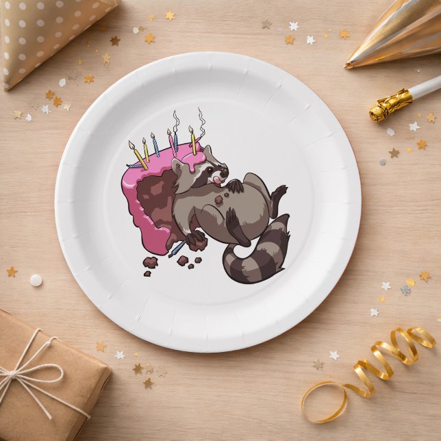 Greedy Raccoon Full of Birthday Cake Cartoon Paper Plate (Creator Uploaded)