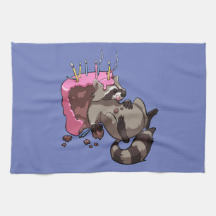 Greedy Raccoon Full of Birthday Cake Cartoon Tea Towel