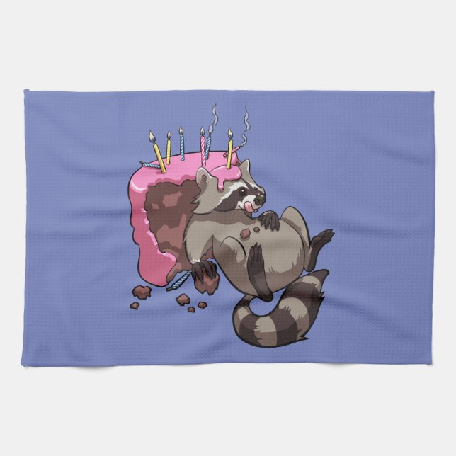Greedy Raccoon Full of Birthday Cake Cartoon Tea Towel (Horizontal)