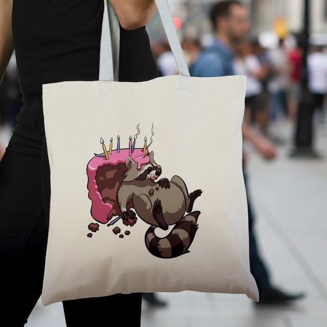 Greedy Raccoon Full of Birthday Cake Cartoon Tote Bag (Creator Uploaded)