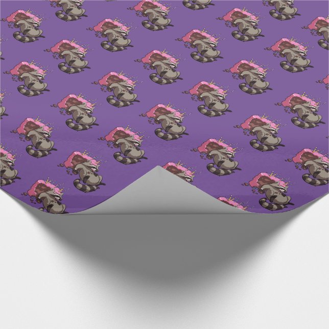 Greedy Raccoon Full of Birthday Cake Cartoon Wrapping Paper (Corner)