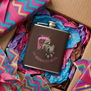 Greedy Racoon Full of Birthday Cake Cartoon Hip Flask