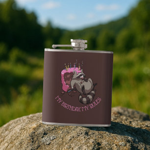 Greedy Racoon Full of Birthday Cake Cartoon Hip Flask