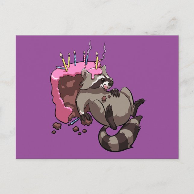 Greedy Racoon Full of Birthday Cake Cartoon Postcard (Front)