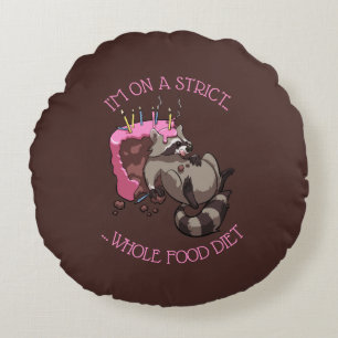 Greedy Racoon Full of Birthday Cake Cartoon Round Cushion