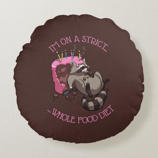 Greedy Racoon Full of Birthday Cake Cartoon Round Cushion (Front)