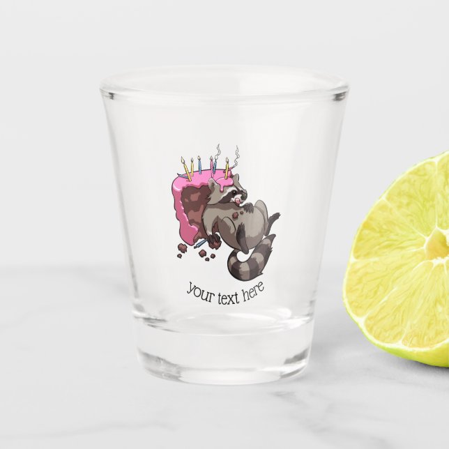 Greedy Racoon Full of Birthday Cake Cartoon Shot Glass (Front)