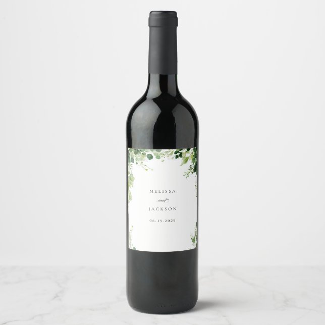 Greeen Branches Border Wedding Wine Label (Front)