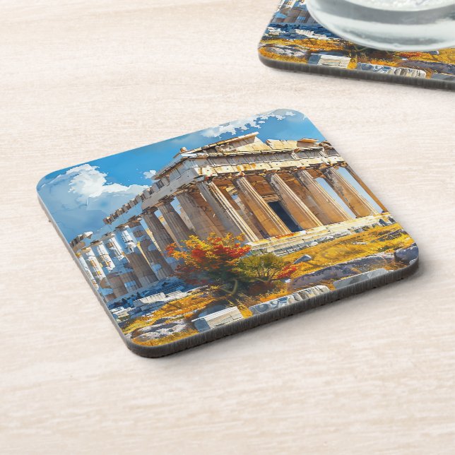 Greek Acropolis Watercolor Travel Landmarks Coaster (Left Side)