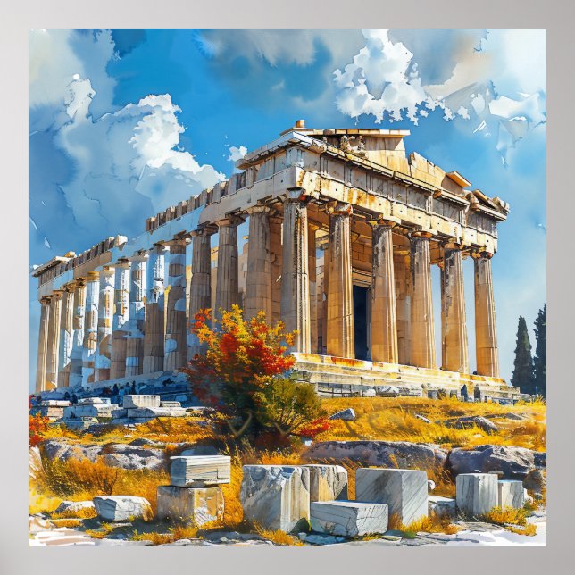 Greek Acropolis Watercolor Travel Landmarks Poster (Front)