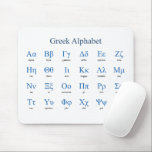 Greek Alphabet Mouse Mat<br><div class="desc">Lower and upper case greek letters with their names. Vector object with custom colors for title,  letters and letter names. Custom background color.</div>