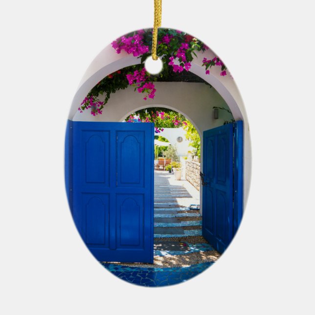 Greek and Turkish Style Blue Door Ceramic Tree Decoration (Front)