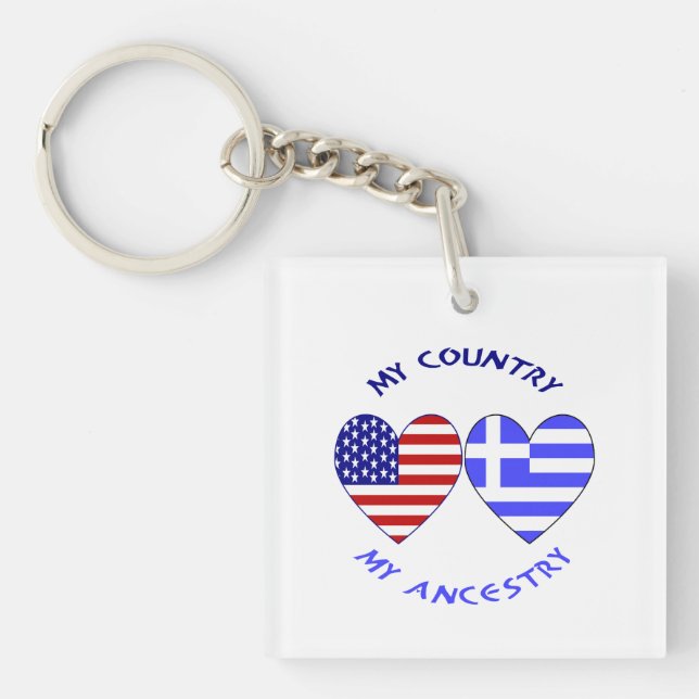 Greek and USA Flags Hearts Country Ancestry Key Ring (Front)