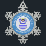 Greek Angel Black Hair Hanukkah Flag Personalised  Snowflake Pewter Christmas Ornament<br><div class="desc">A special design, intended for families of multiple religions, featuring a black haired angel wearing the flag of Greece with Hanukkah colours on a pewter snowflake Christmas ornament. She flies in a white circle of squiggly squares. White letters read GREEK FLAG ANGEL 20?? and, also, have a space for your...</div>