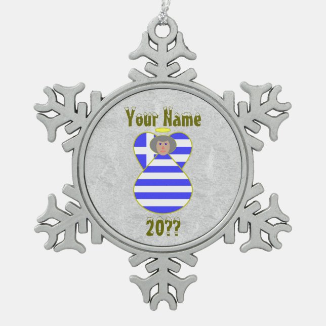 Greek Angel Flag Grey Hair Snowflake Pewter Christmas Ornament (Front)