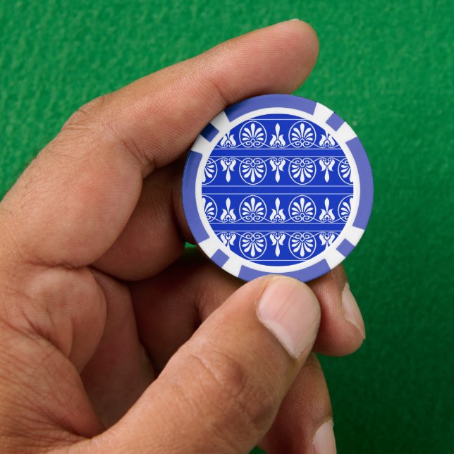 Greek Arabesque Mediterranean Pattern Blue Poker Chips (Hand)