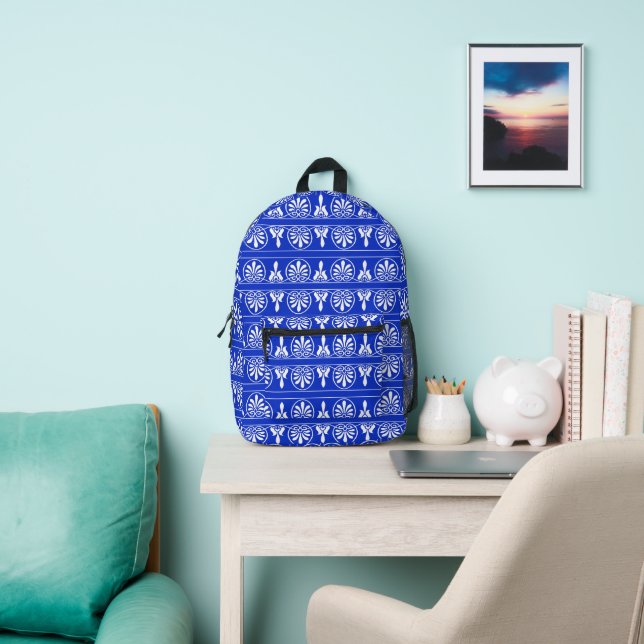 Greek Arabesque Mediterranean Pattern Blue Printed Backpack (Insitu)