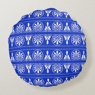 Greek Arabesque Mediterranean Pattern Blue Round Cushion