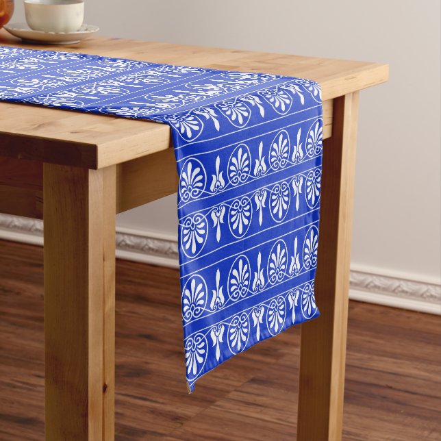 Greek Arabesque Mediterranean Pattern Blue Short Table Runner (In Situ)