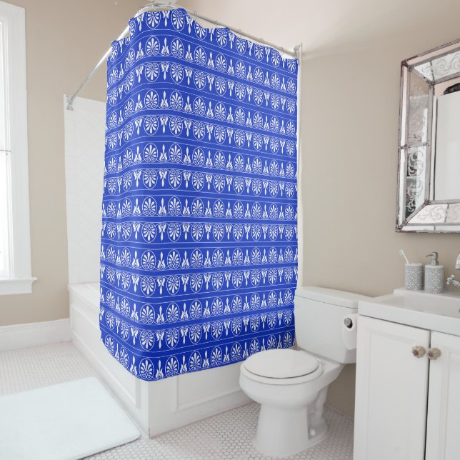 Greek Arabesque Mediterranean Pattern Blue Shower Curtain (In Situ)