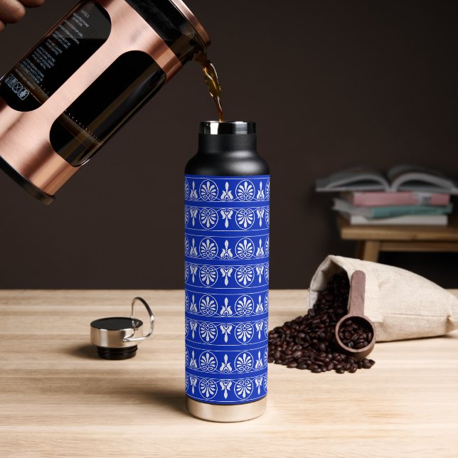 Greek Arabesque Mediterranean Pattern Blue Water Bottle (Coffee)