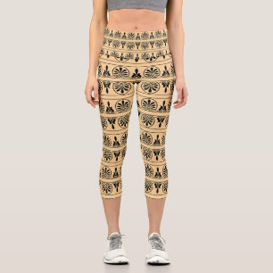 Greek Arabesque Mediterranean Pattern Brown Capri Leggings