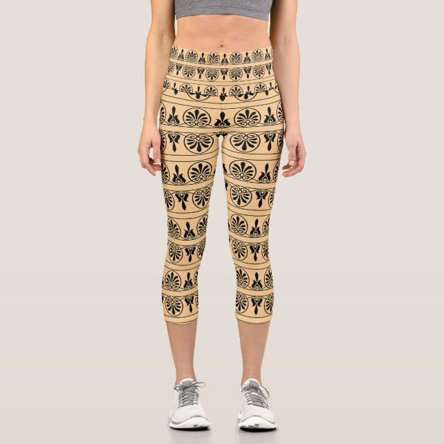 Greek Arabesque Mediterranean Pattern Brown Capri Leggings (Front)