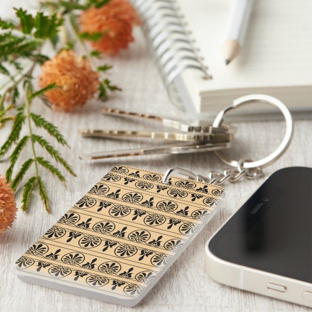 Greek Arabesque Mediterranean Pattern Brown Key Ring (Front Right)