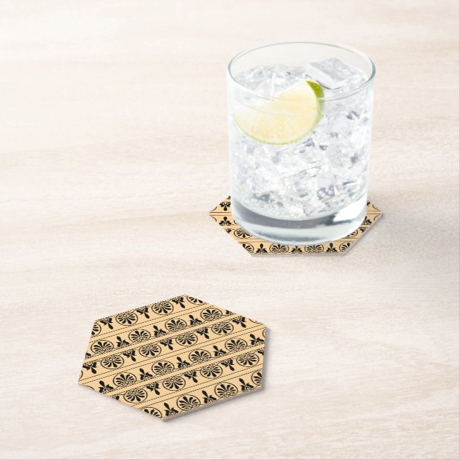 Greek Arabesque Mediterranean Pattern Brown Paper Coaster (Insitu)