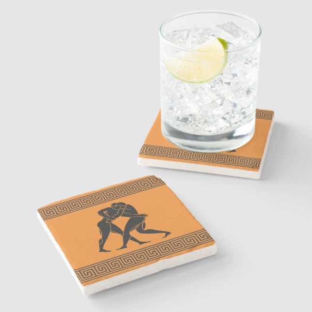 Greek Athletes Wrestling Orange Stone Coaster (Side)