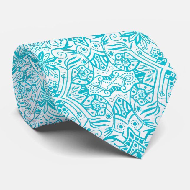 Greek Baroque Arabesque Pattern Aquamarine White Tie (Rolled)
