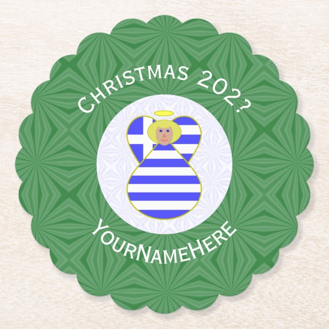 Greek Blonde Angel Christmas Flag Personalised  Paper Coaster (Front)