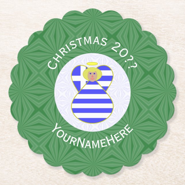 Greek Blonde Angel Christmas Flag Personalised  Paper Coaster (Front)