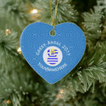 Greek Blonde Angel Hanukkah Flag Personalized  Ceramic Tree Decoration<br><div class="desc">Design, intended for Hanukkah, features a blond haired angel wearing the flag of Greece. She flies in a white circle of squiggly squares. White letters read GREEK ANGEL 20?? and, also, have a space for your name, or, someone else's. The background is blue squiggly squares. Colors, blue and white, were...</div>