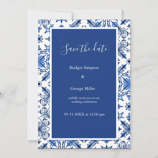 Greek Blue and White Elegant Wedding Save the Date Invitation (Front)