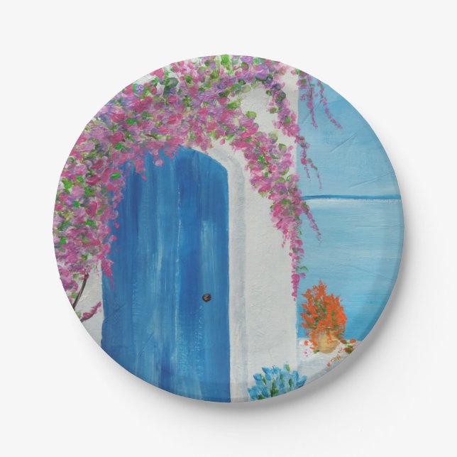 Greek Blue Door Paper Plate (Front)