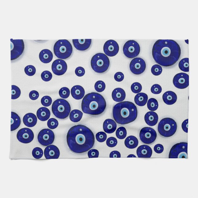 Greek Blue Glass Evil Eye Amulet Tea Towel (Horizontal)