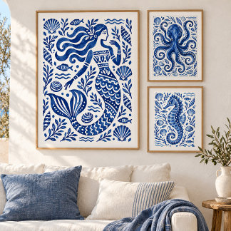Greek Blue Mermaid Coastal Art Print