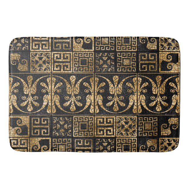 Greek Broken Tile Mosaic Black and gold Bath Mat (Front)