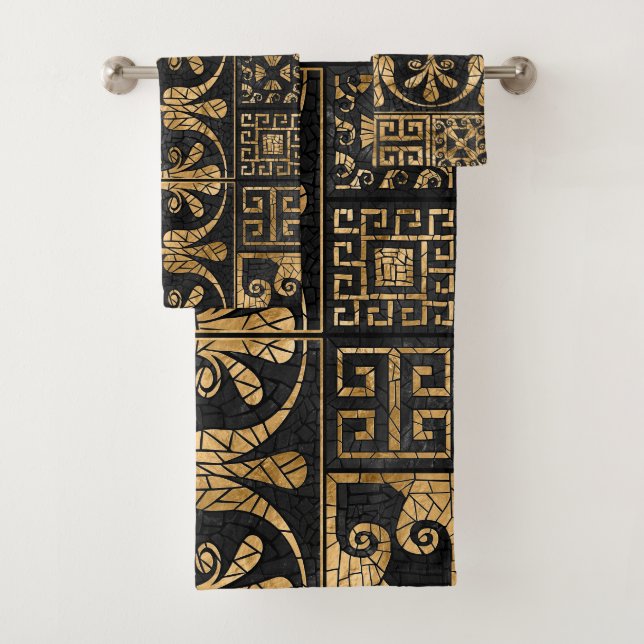 Greek Broken Tile Mosaic Black and gold Bath Towel Set (Insitu)