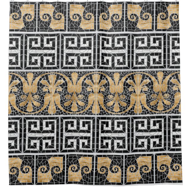 Greek Broken Tile Mosaic Black Marble Shower Curtain (Front)