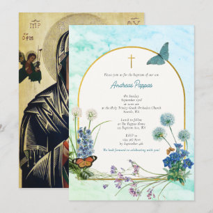 Greek Christening Baptism Blue Marble Wildflower Invitation