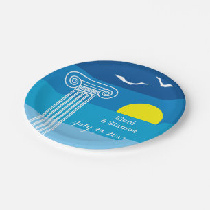 Greek columns and seagulls Greek beach wedding Paper Plate