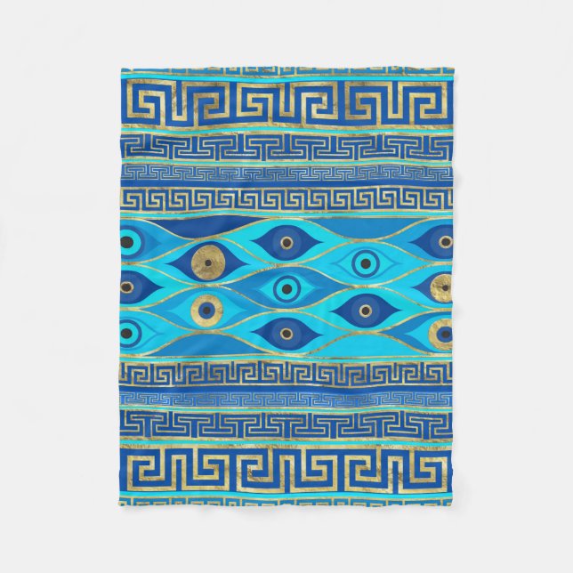 Greek Evil Eye and Greek Key ornament Fleece Blanket (Front)