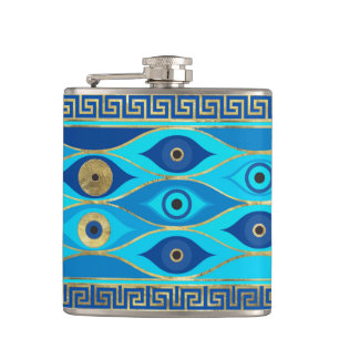 Greek Evil Eye and Greek Key ornament Hip Flask