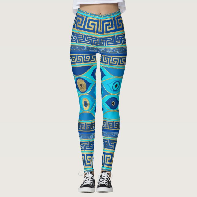 Greek Evil Eye and Greek Key ornament Leggings (Front)