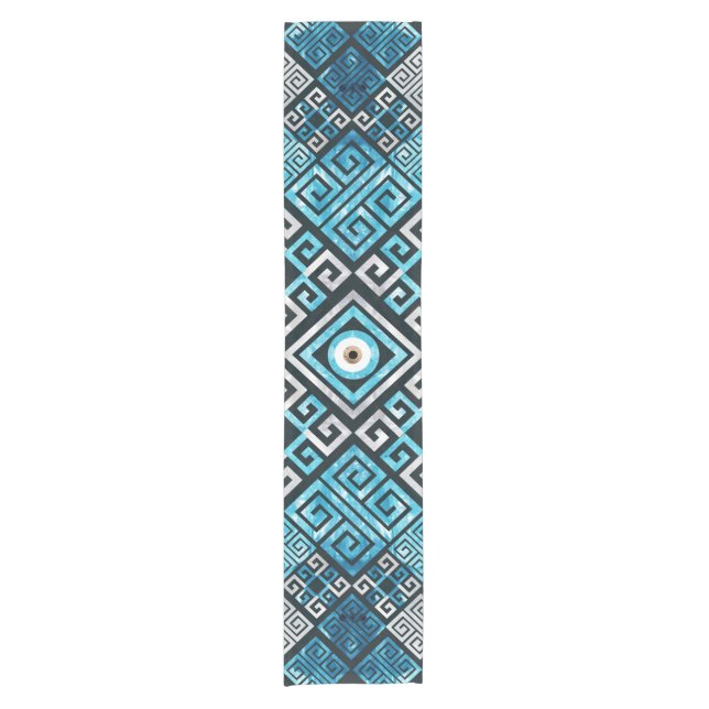 Greek Evil Eye and Meander Key Ornament Short Table Runner (Front)