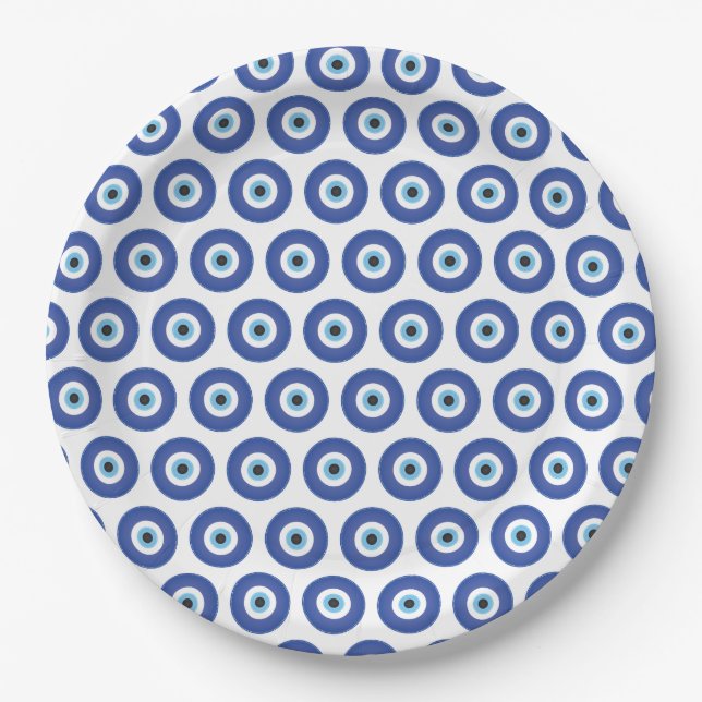 Greek Evil Eye Blue White Paper Plate (Front)