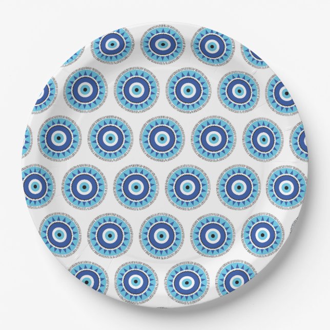 Greek Evil Eye Blue White Paper Plate (Front)