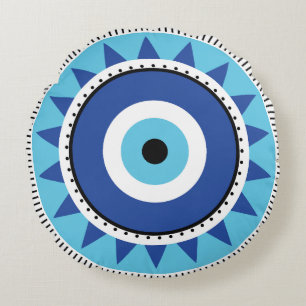 Greek Evil Eye Blue White Round Cushion